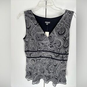 NEW WITH TAGS! Ann Taylor Navy Blue & White Lined Layered Print Ruffle Blouse